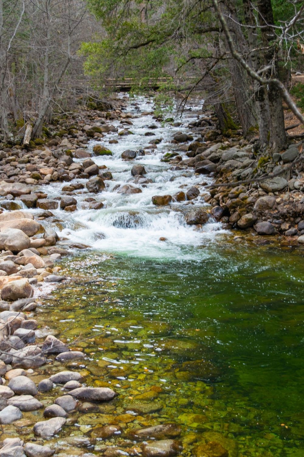 A rushing mountain stream flows over rocks with crystal clear water and emerald green pools.