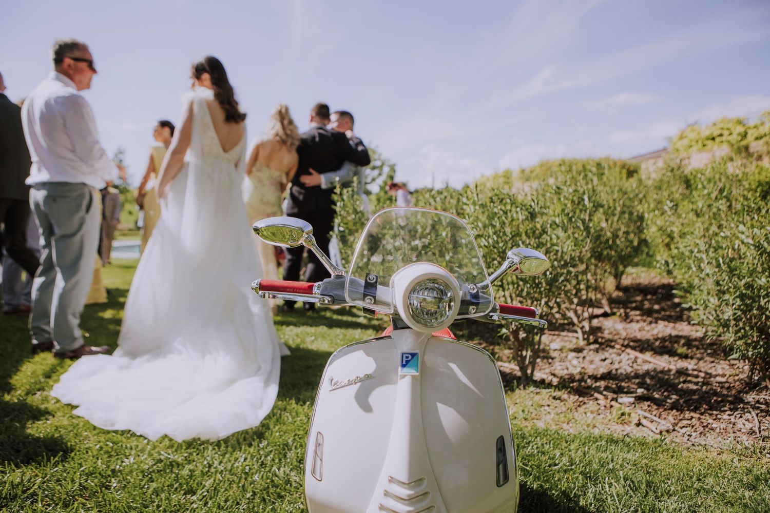 Wedding celebration on green lawn with decorative robot statue in foreground.