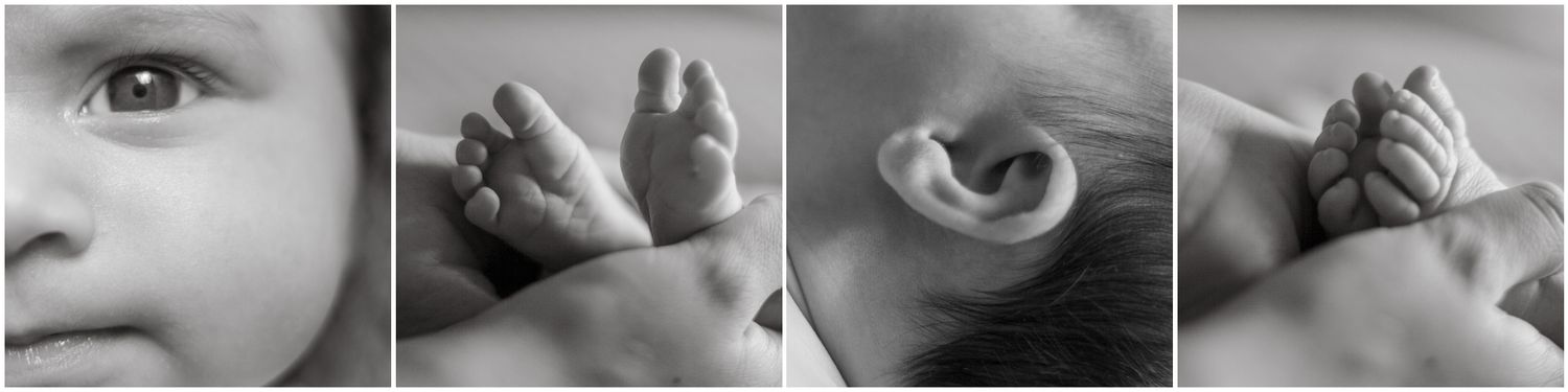 Black and white collage showing close-up details of newborn features and expressions.