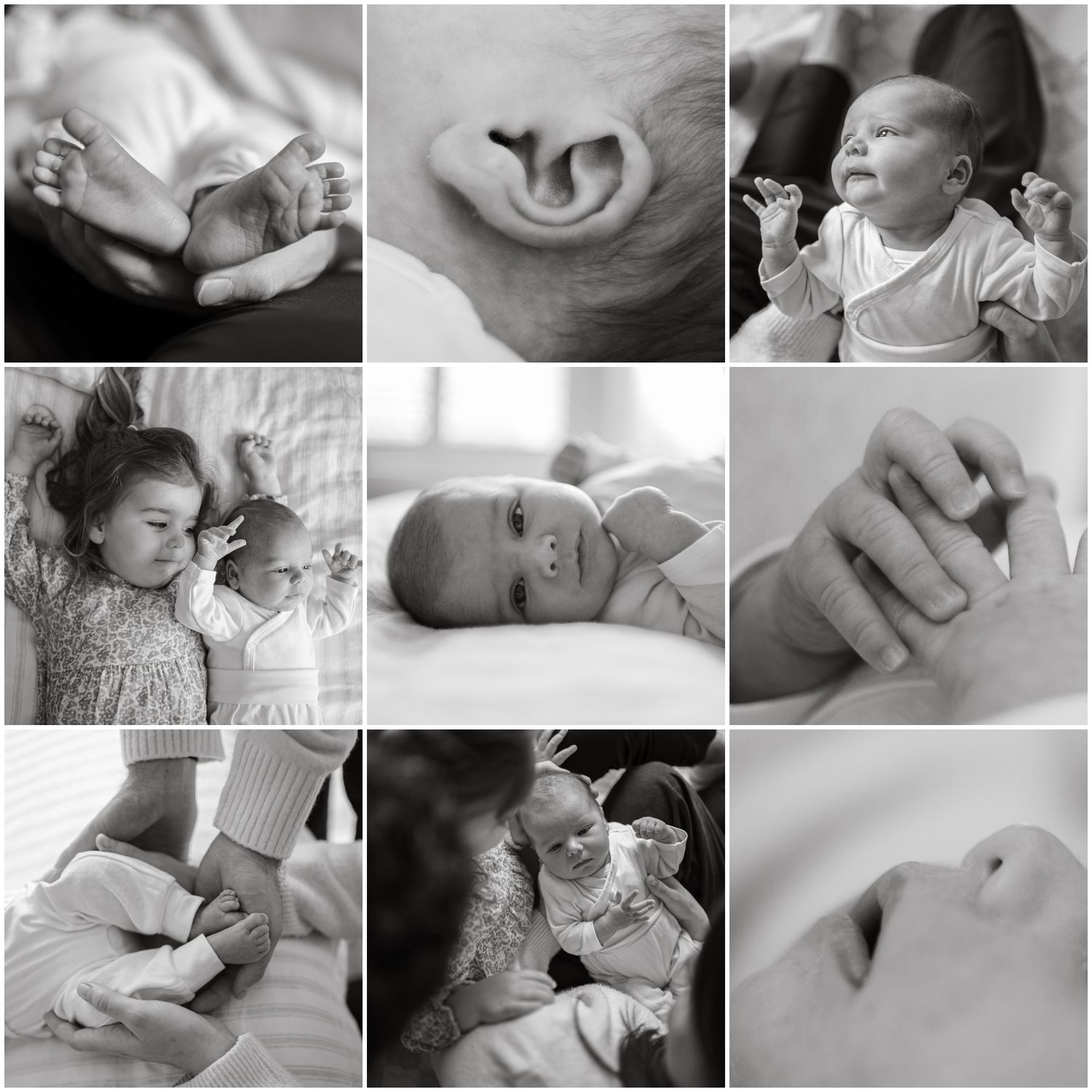 A collage of nine black and white newborn photography moments showing tender family interactions.