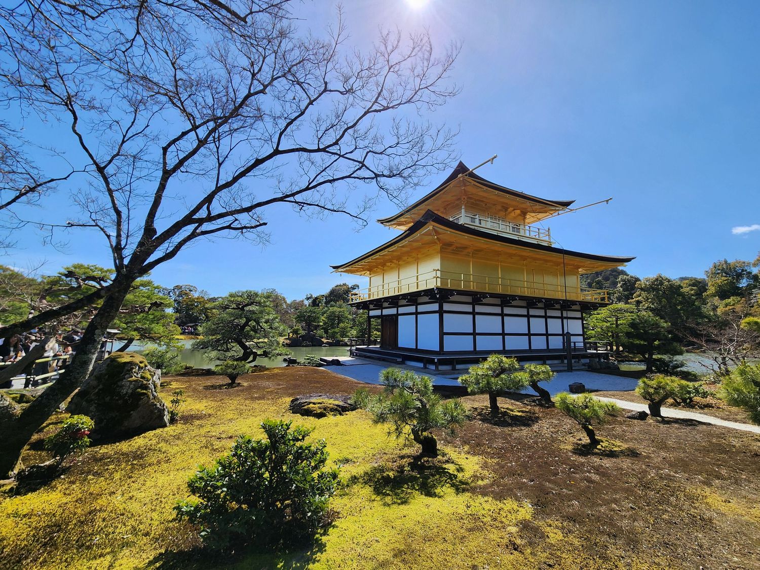 Golden pavilion temple Kinkakuji reflecting in garden pond on sunny day.