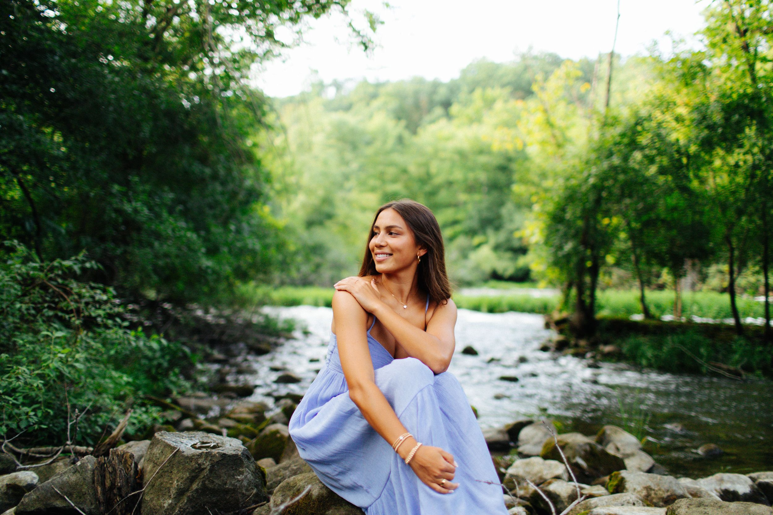 Natural woodland scene with flowing stream and rocky riverbank surrounded by lush green trees.