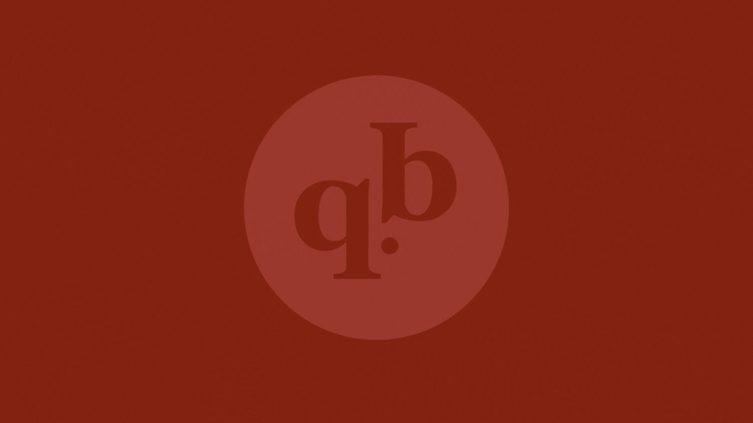 Simple red circular logo design with "qb" text on dark background.