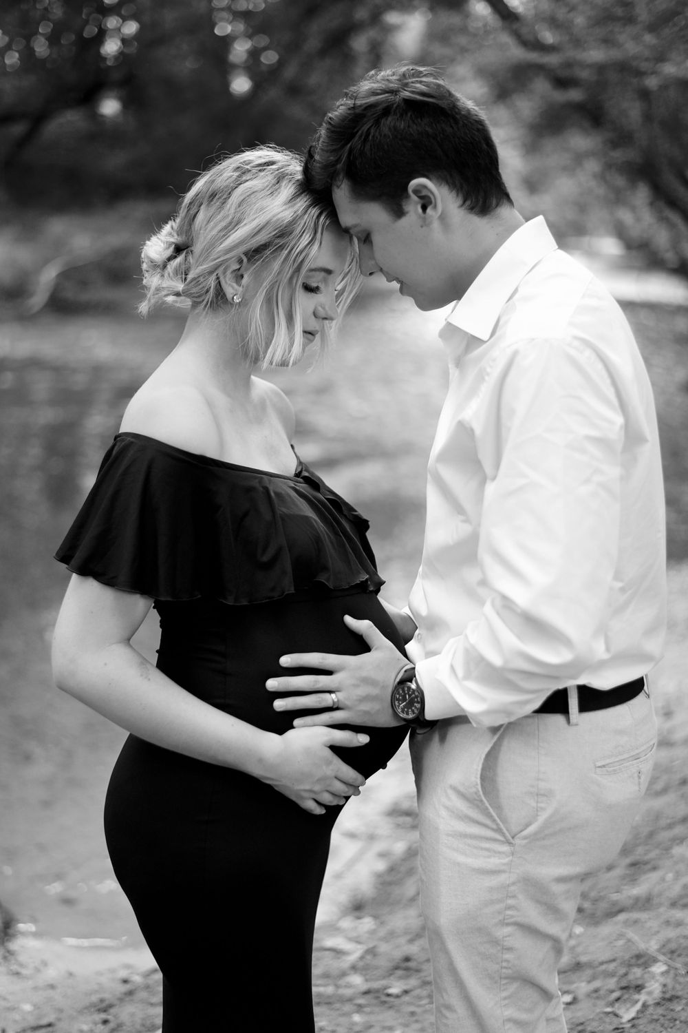 Black and white maternity photo sequence showing couple embracing in casual outdoor setting.