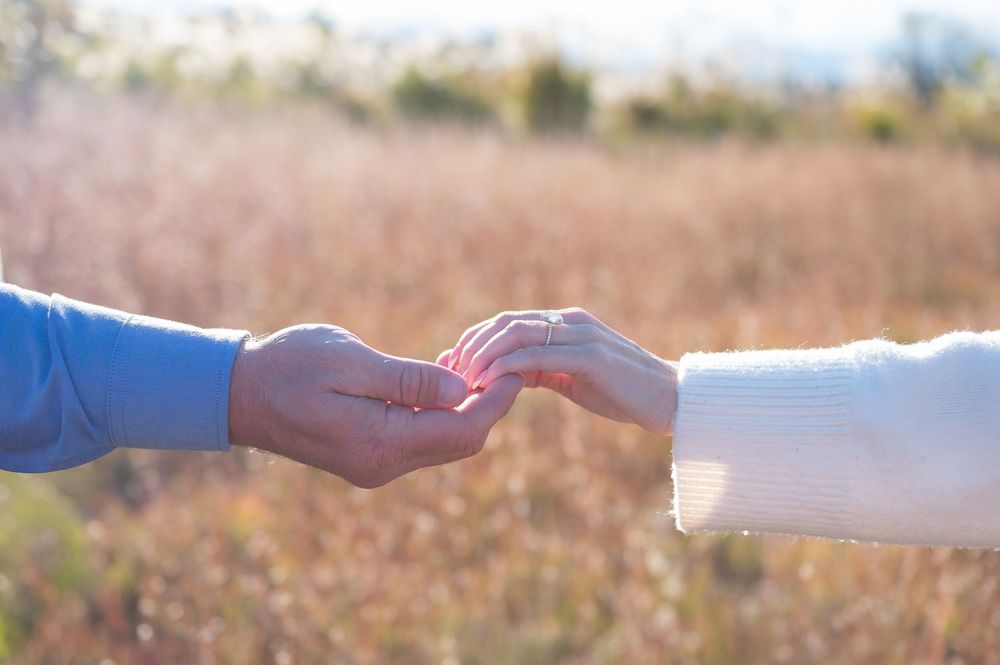 Two people gently holding hands in a sunlit field, symbolizing love and connection.