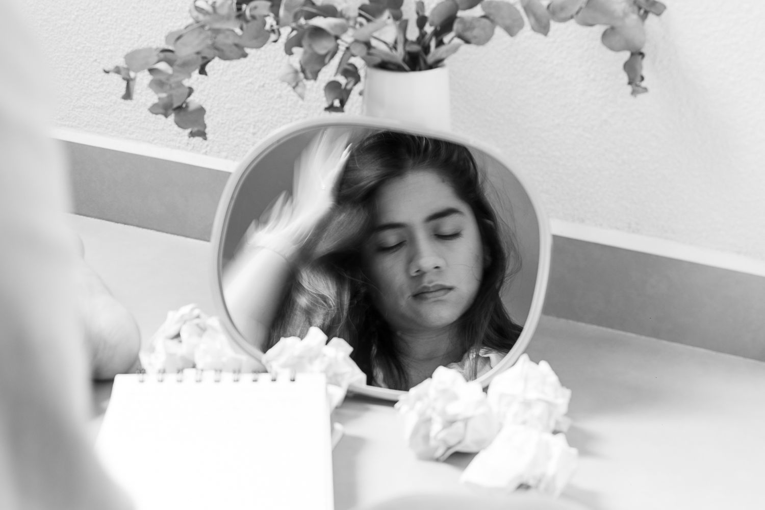 An artistic black and white mirror reflection with soft lighting and decorative plants.