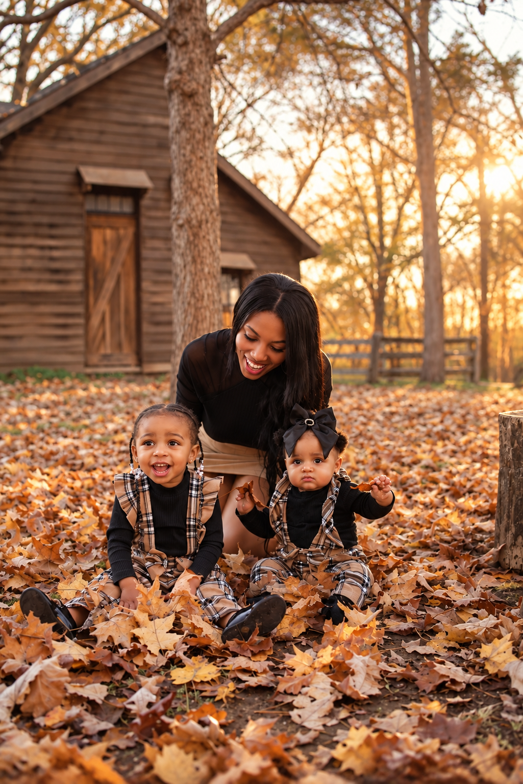 Smiling mother sitting in autumn leaves with two young children in matching plaid outfits near a rustic wooden cabin at sunset.