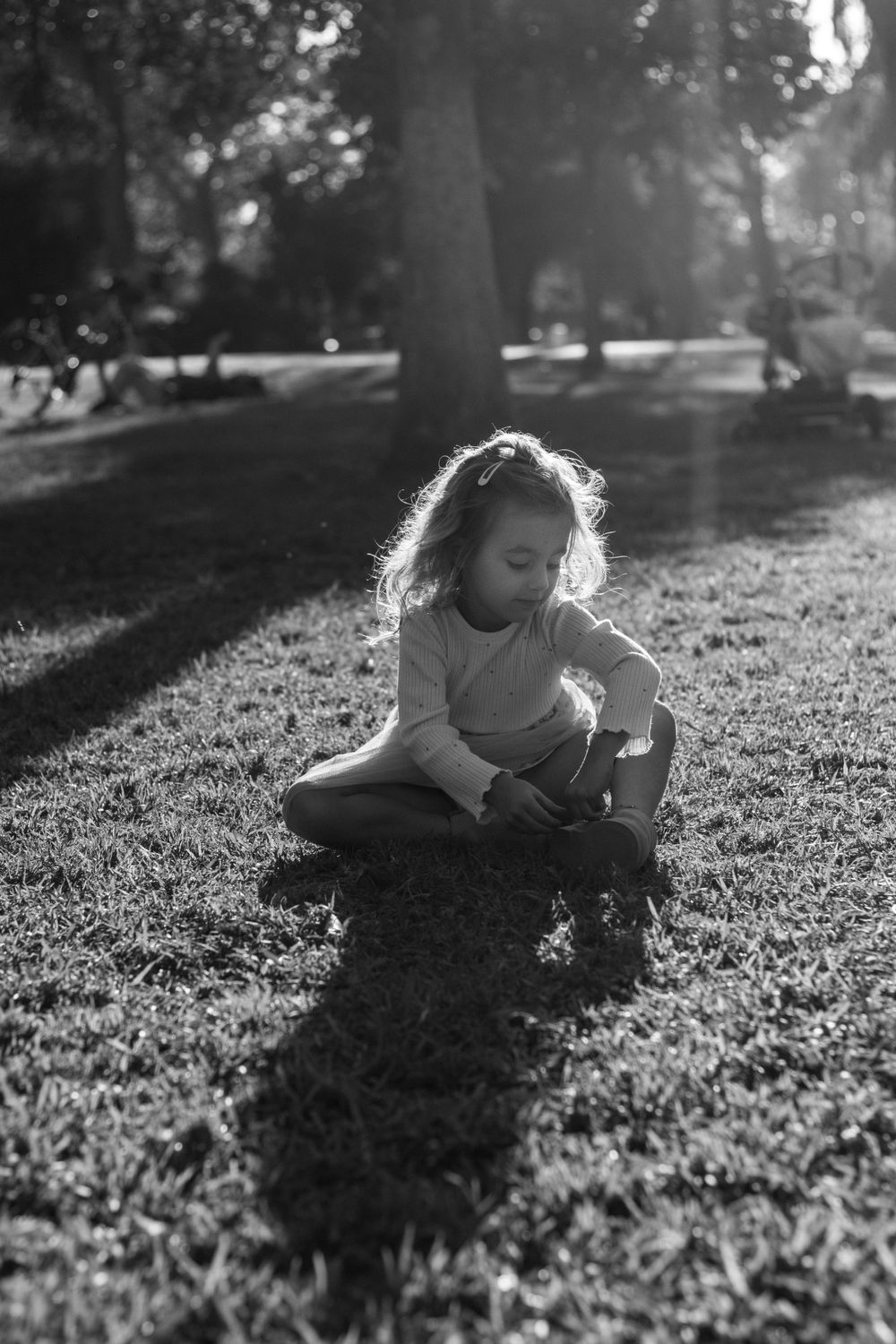 A backlit silhouette of a small child sitting on grass in a park during golden hour.