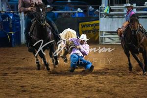 Action shots of cowboys competing in a rodeo event with ropes and horses.