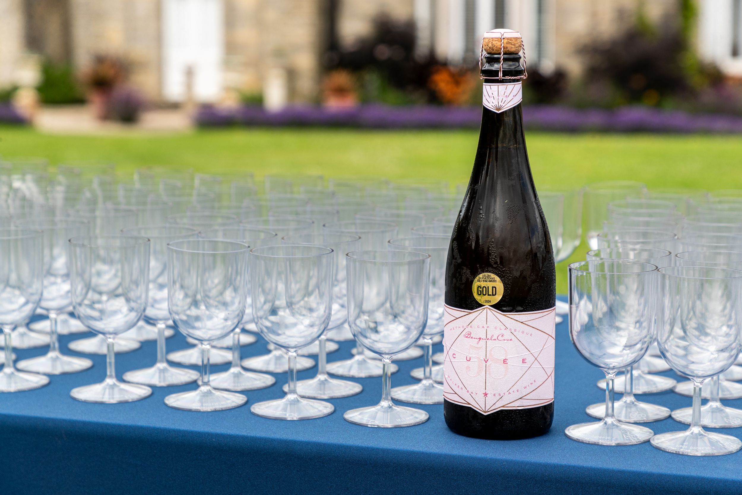 Sparkling wine bottle surrounded by empty crystal glasses on a blue tablecloth at an outdoor event.