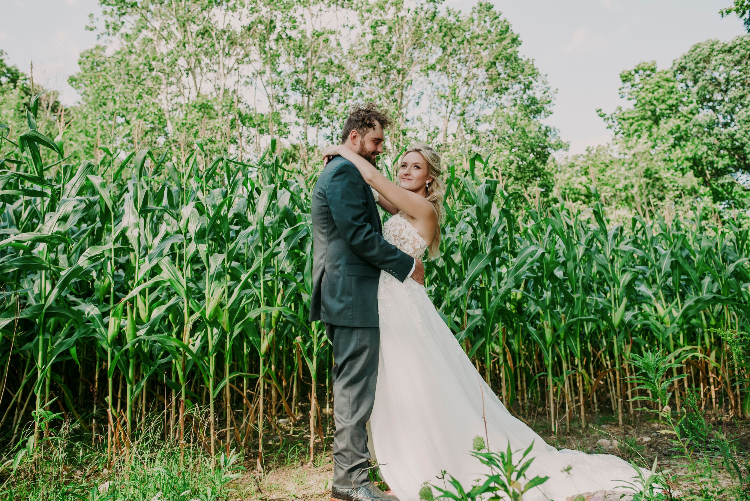 Wedding couple embracing romantically in front of a vibrant green cornfield.