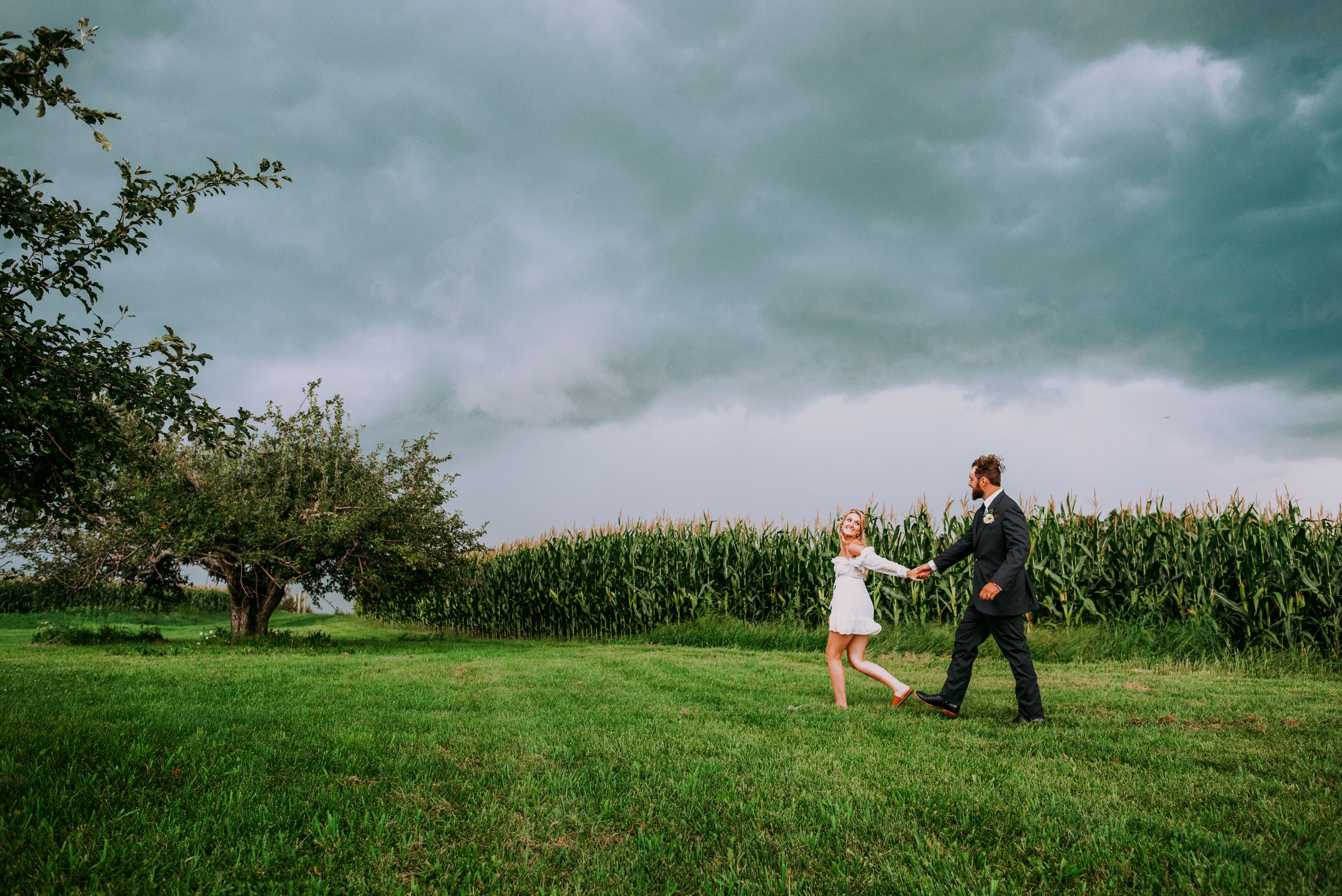 Bride and groom walking hand in hand across a green field under stormy skies.