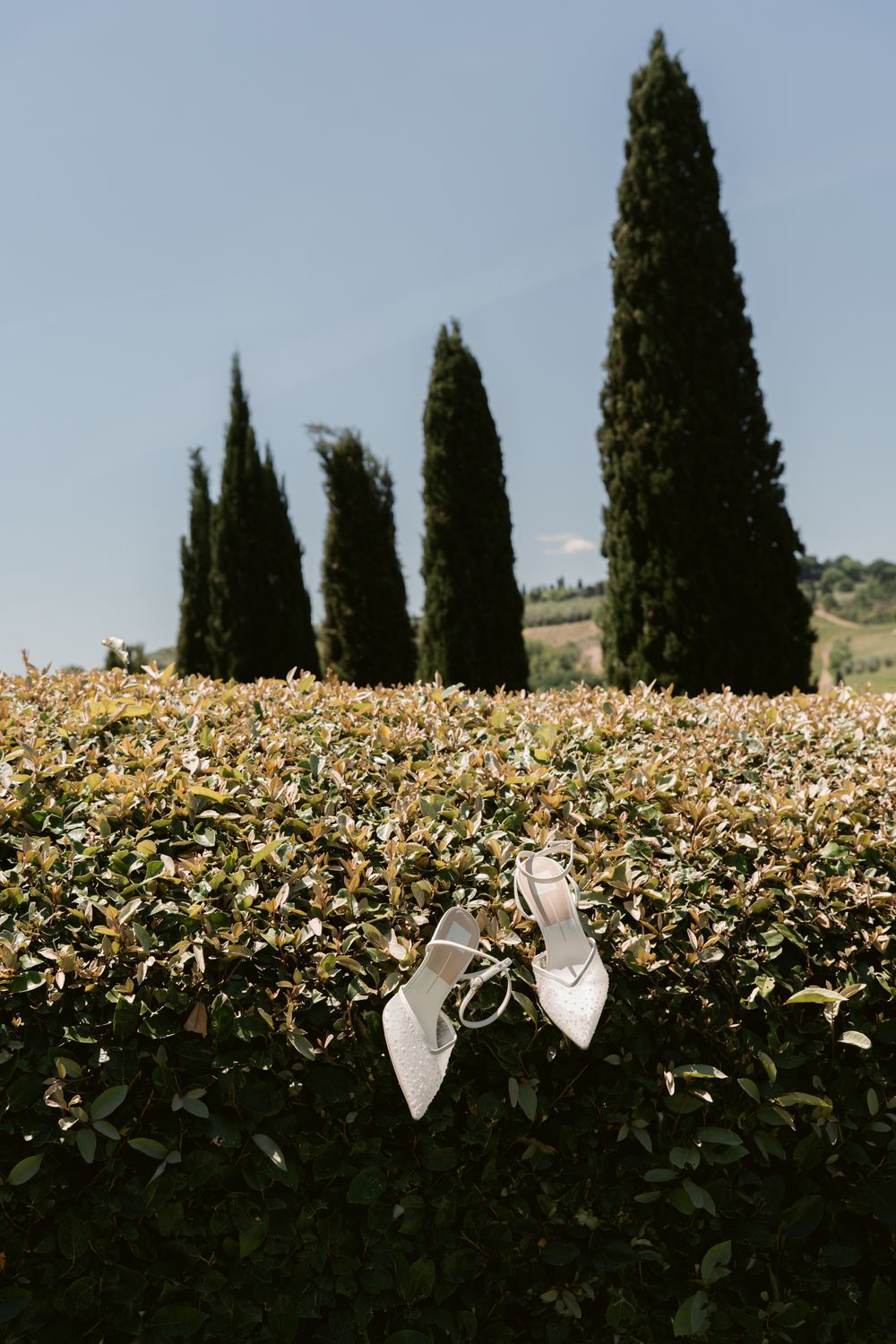 White bridal shoes rest on a hedge with tall cypress trees in the background of a Tuscan landscape.