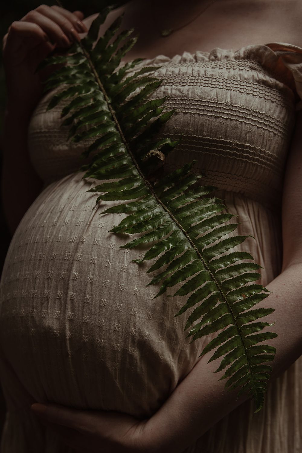 Artistic maternity photo with fern leaf placed over pregnant belly. PNW Maternity Photographer. Portland Maternity Photographer