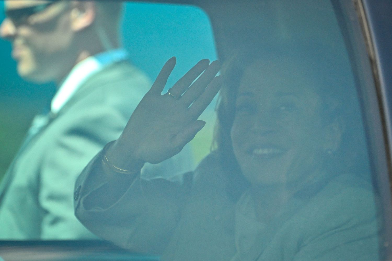 U.S. Vice President Kamala Harris arrives at the Muñiz Air National Guard Base in San Juan, Puerto Rico