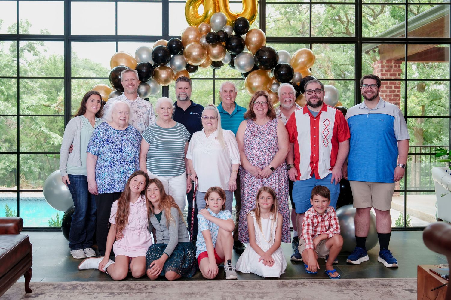 extended family grandfather 80th birthday party Southlake Texas family reunion grandkids birthday party cake catering celebrate photos