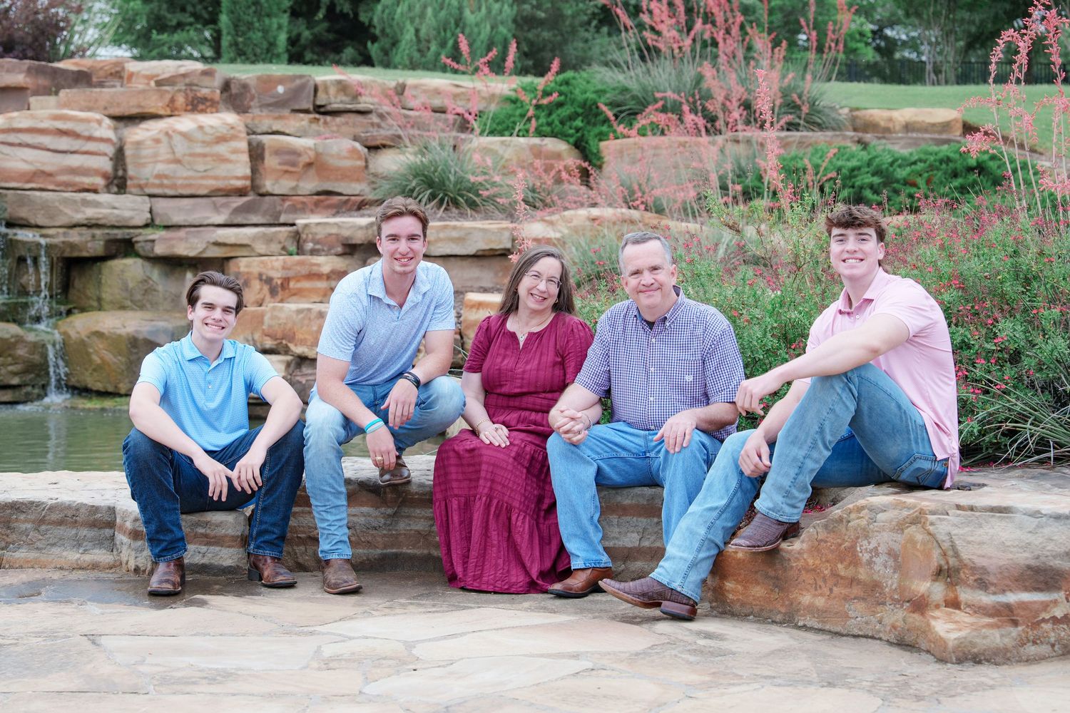 family photo session adult kids family of 5 Flower mound Texas fun moments 3 brothers waterfall outdoors