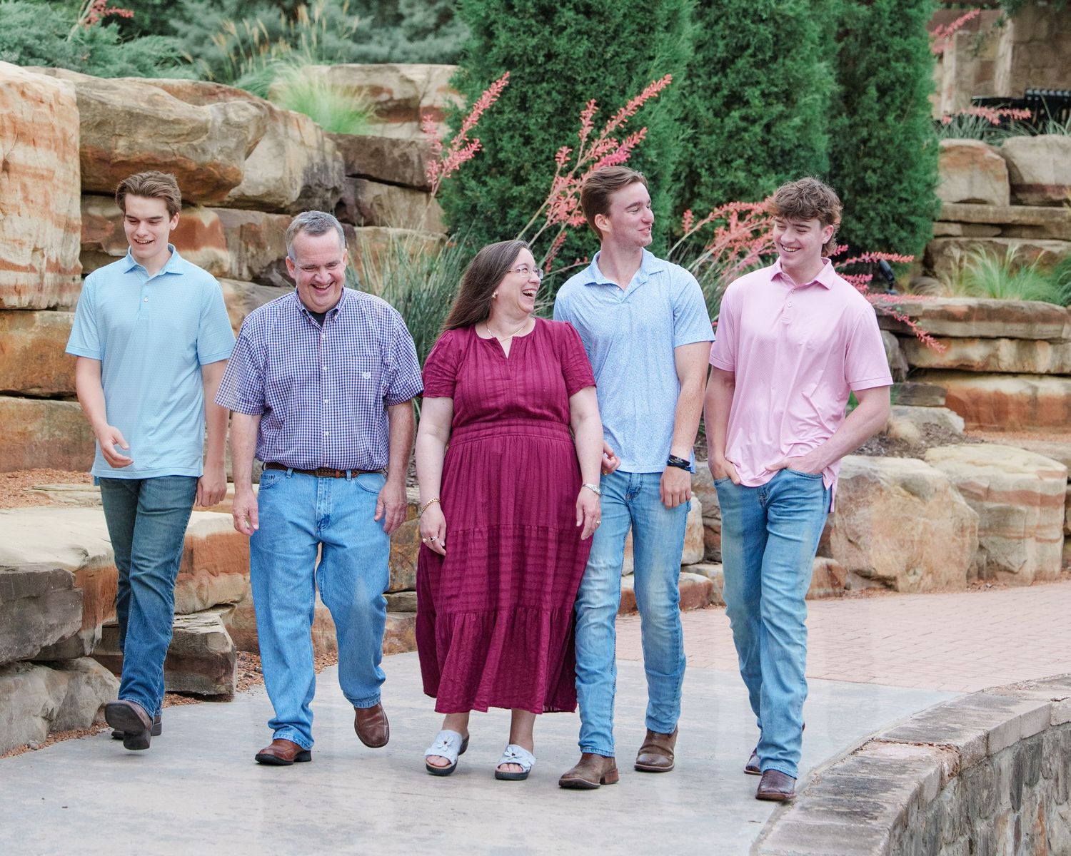family photo session adult kids family of 5 Flower mound Texas fun moments 3 brothers waterfall outdoors