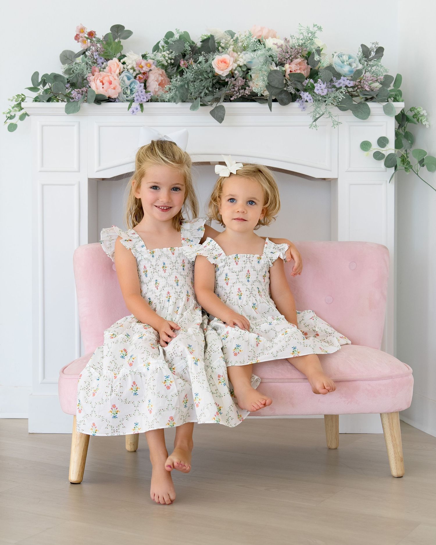 Family session natural light studio baby boy matching dress mommy and daughters white studio Wild oak Roanoke Tx airy and bright style