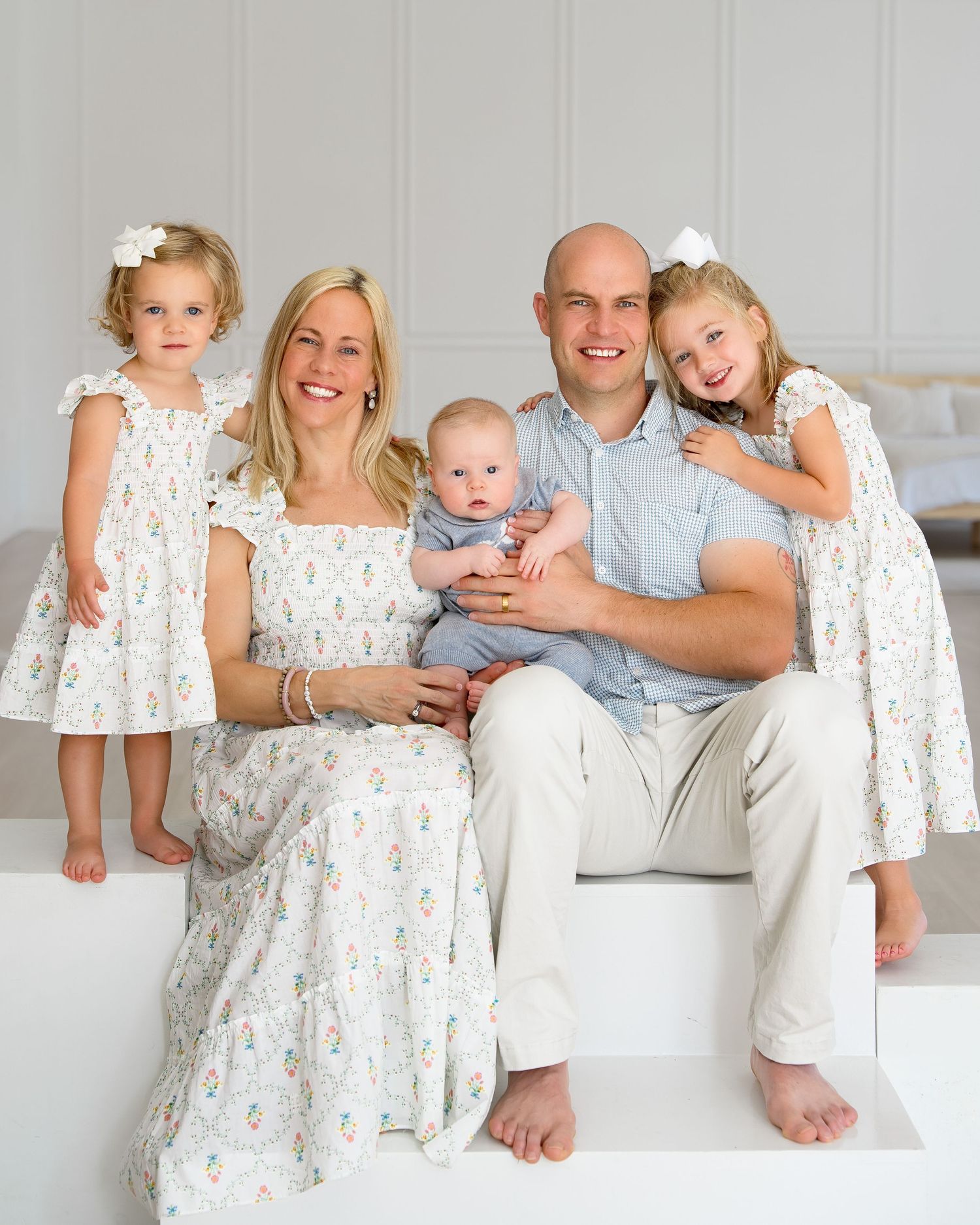 Family session natural light studio baby boy matching dress mommy and daughters white studio Wild oak Roanoke Tx airy and bright style