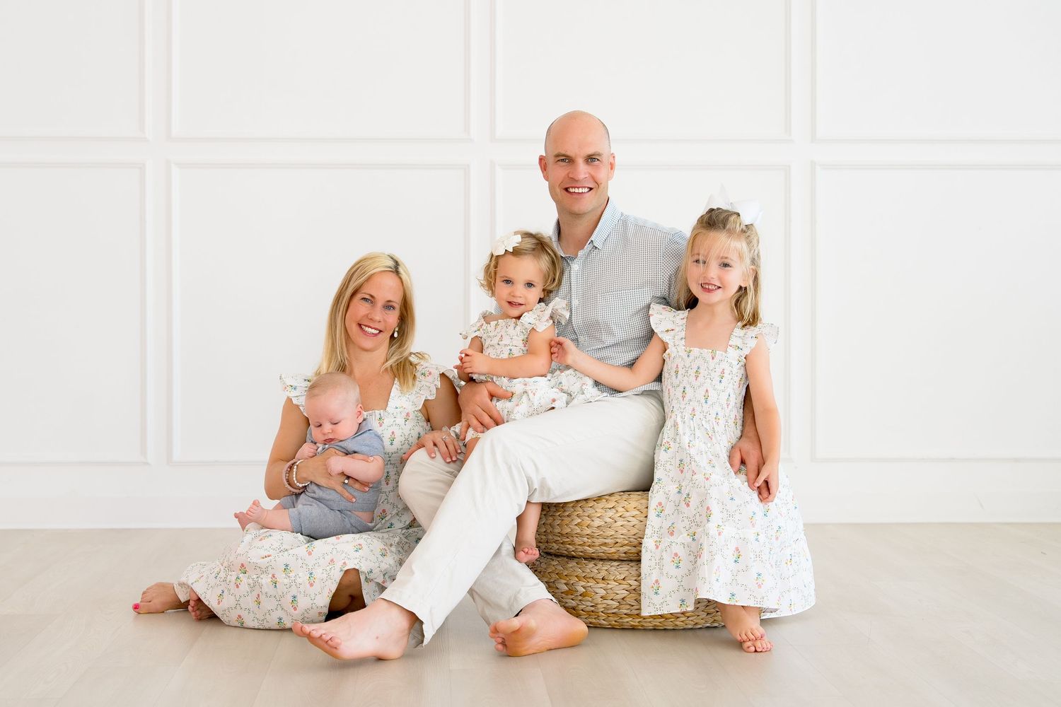 Family session natural light studio baby boy matching dress mommy and daughters white studio Wild oak Roanoke Tx airy and bright style