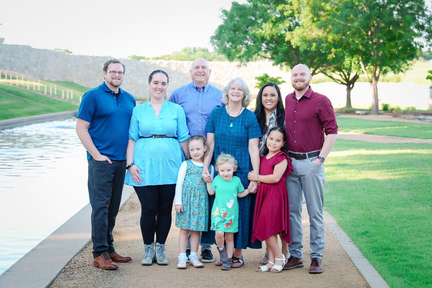 extended family photos celebrate father in law grandfather 80th birthday outdoors grandkids matching outfits Westlake Texas