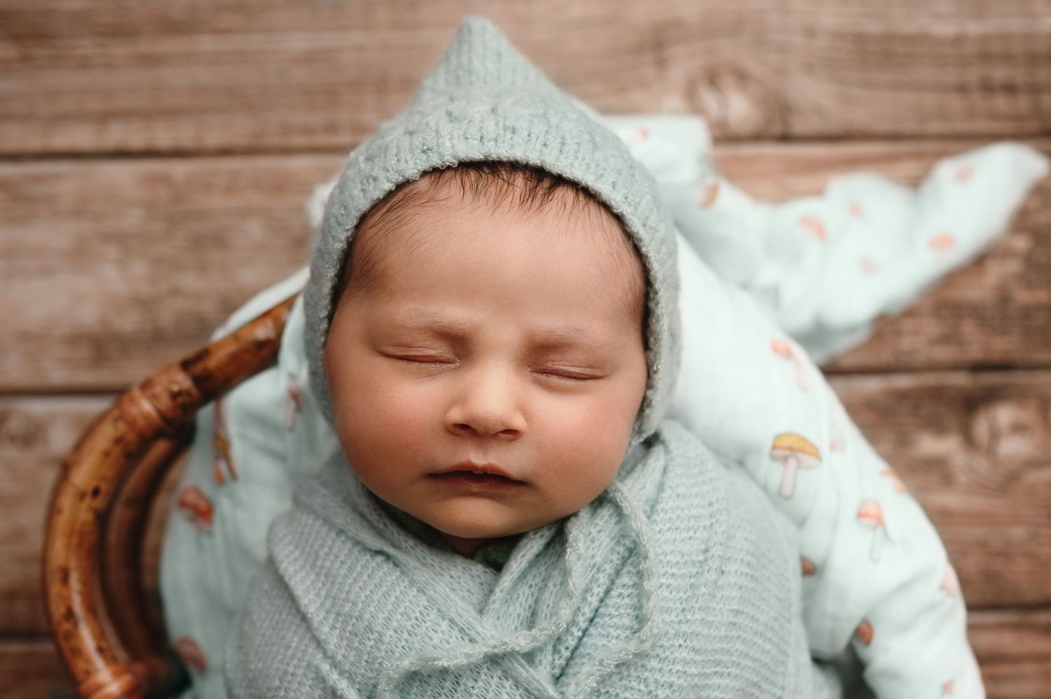 Charlottesville newborn photographer, family, maternity, baby in basket with pixie hat and blue wrap
