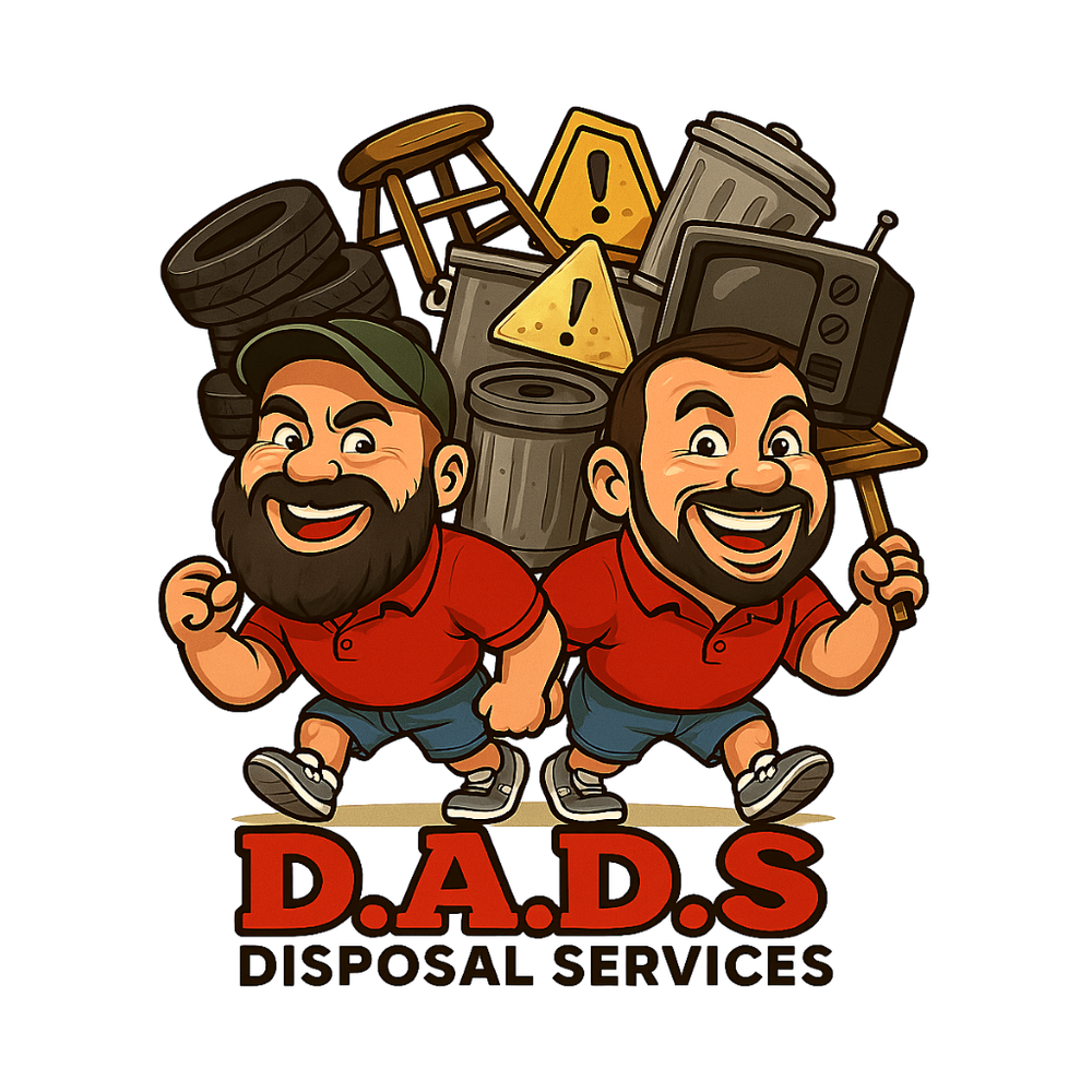 A cartoon logo for D.A.D.S Disposal Services featuring two cheerful men in red shirts carrying household items overhead.
