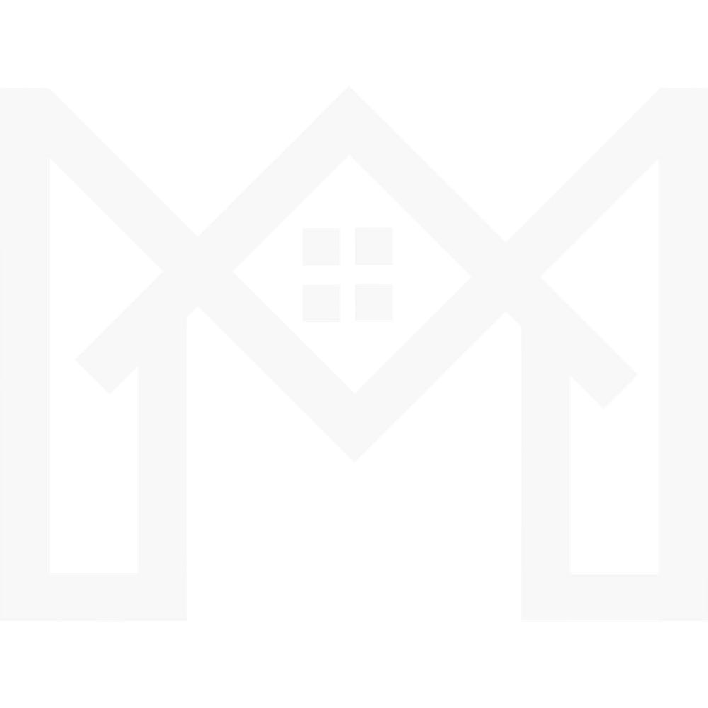 A minimalist white logo design featuring two M-shaped forms with a square grid pattern in the center.