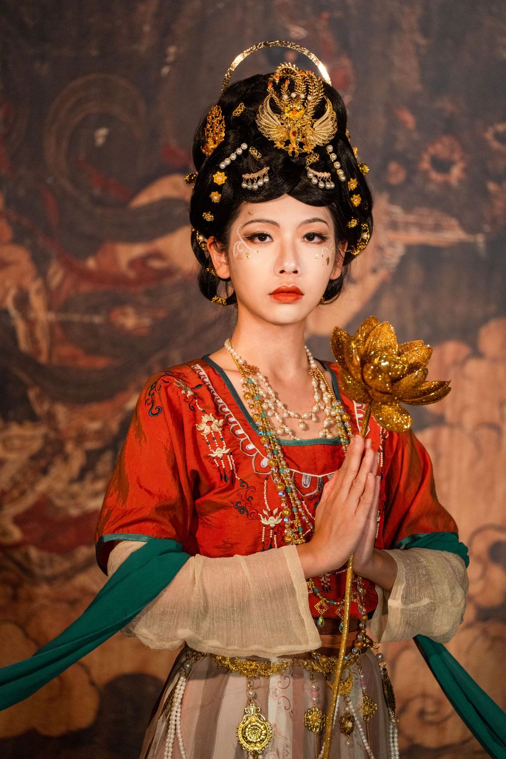Divine studio photography of Dunhuang Apsaras Hanfu styling with cinematic lighting and mural backdrop, by Imagine Image Studio.