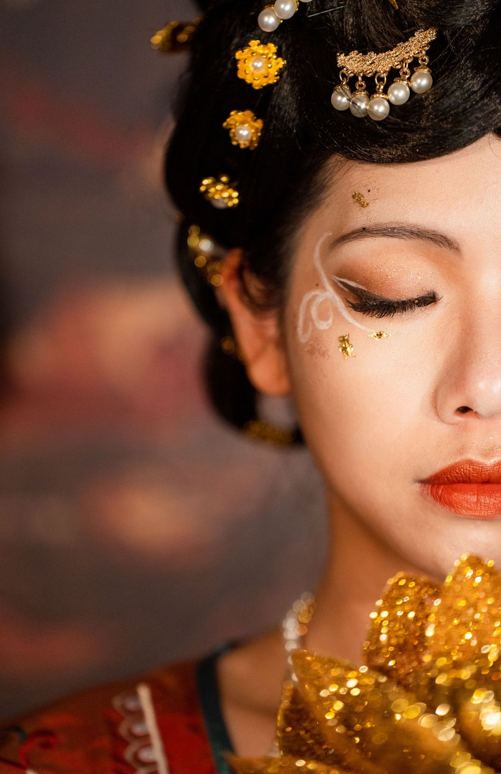 Sacred Tang Dynasty Hanfu portrait featuring Dunhuang styling and a cave mural background, by Imagine Image Studio Auckland.