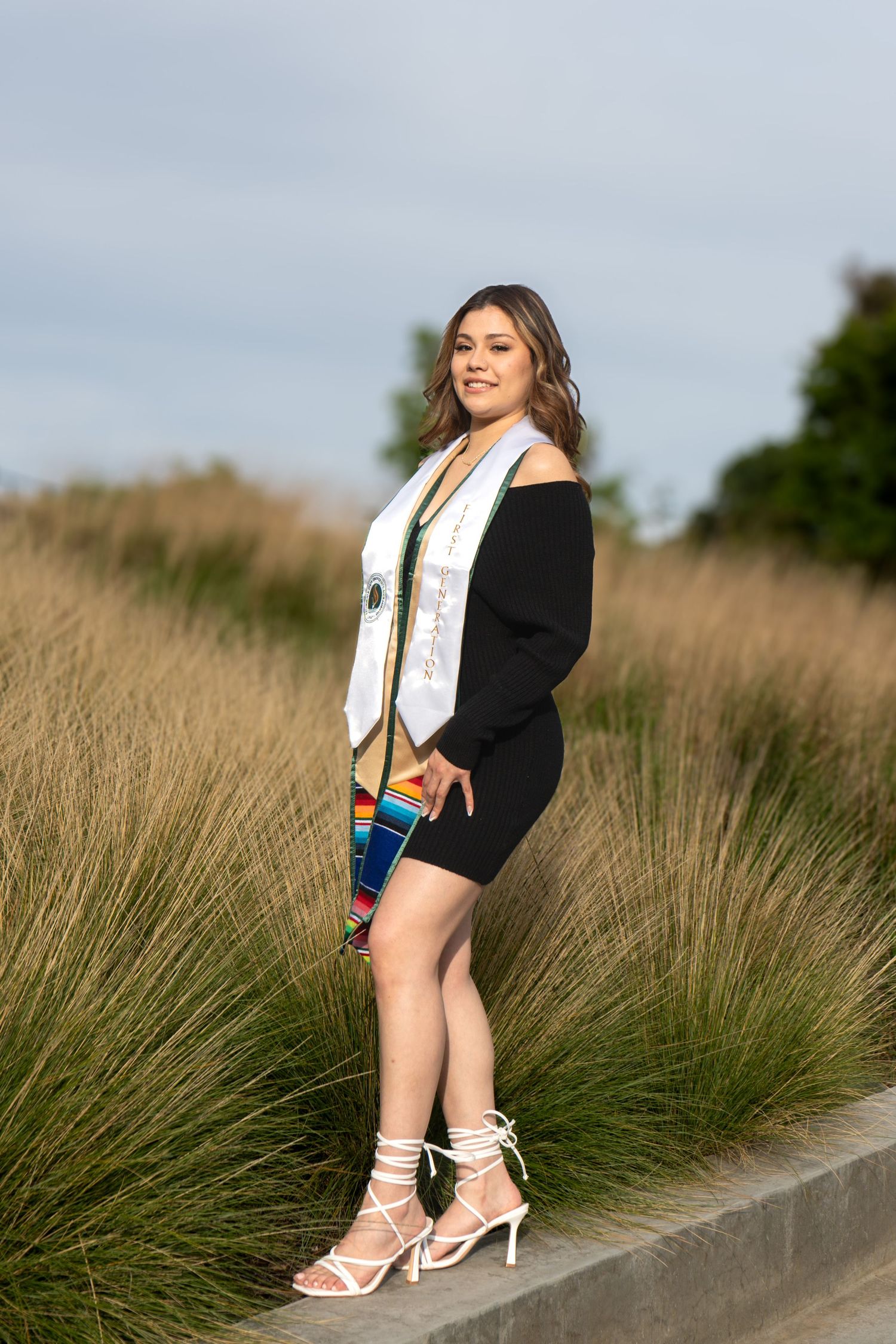 Young woman in black dress with colorful graduation stole posing outdoors among tall grass.