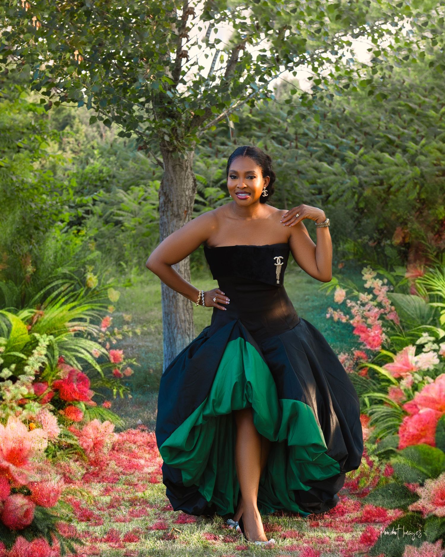 Stunning Ballgown Photoshoot | Black & Emerald in Vibrant Garden