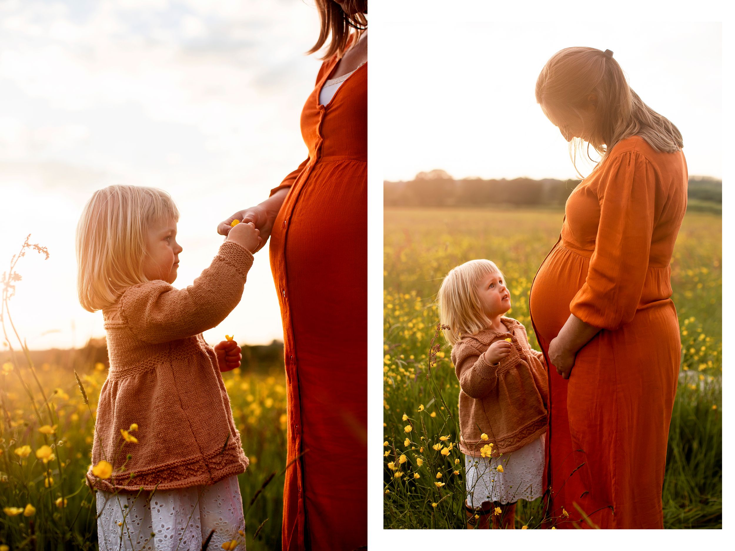 Collage of two images of young girl looking up at her pregnant mother's bump in wildflower meadow