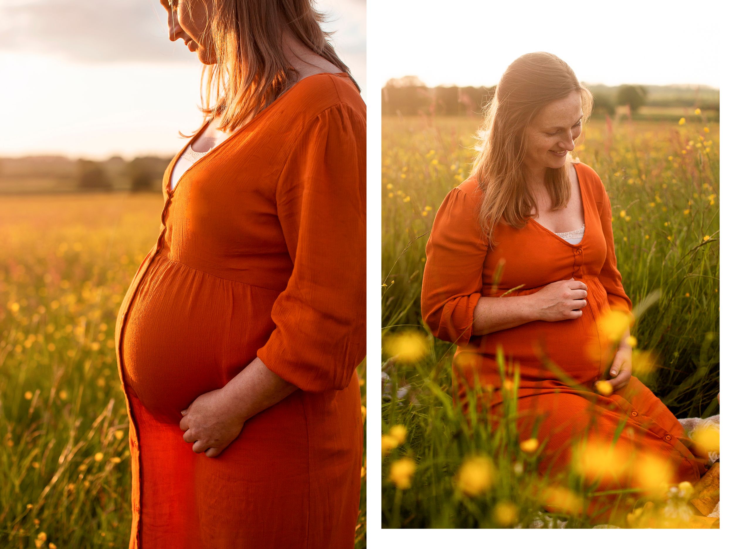 Collage of two images of pregnant mother in bright orange dress and yellow flowers