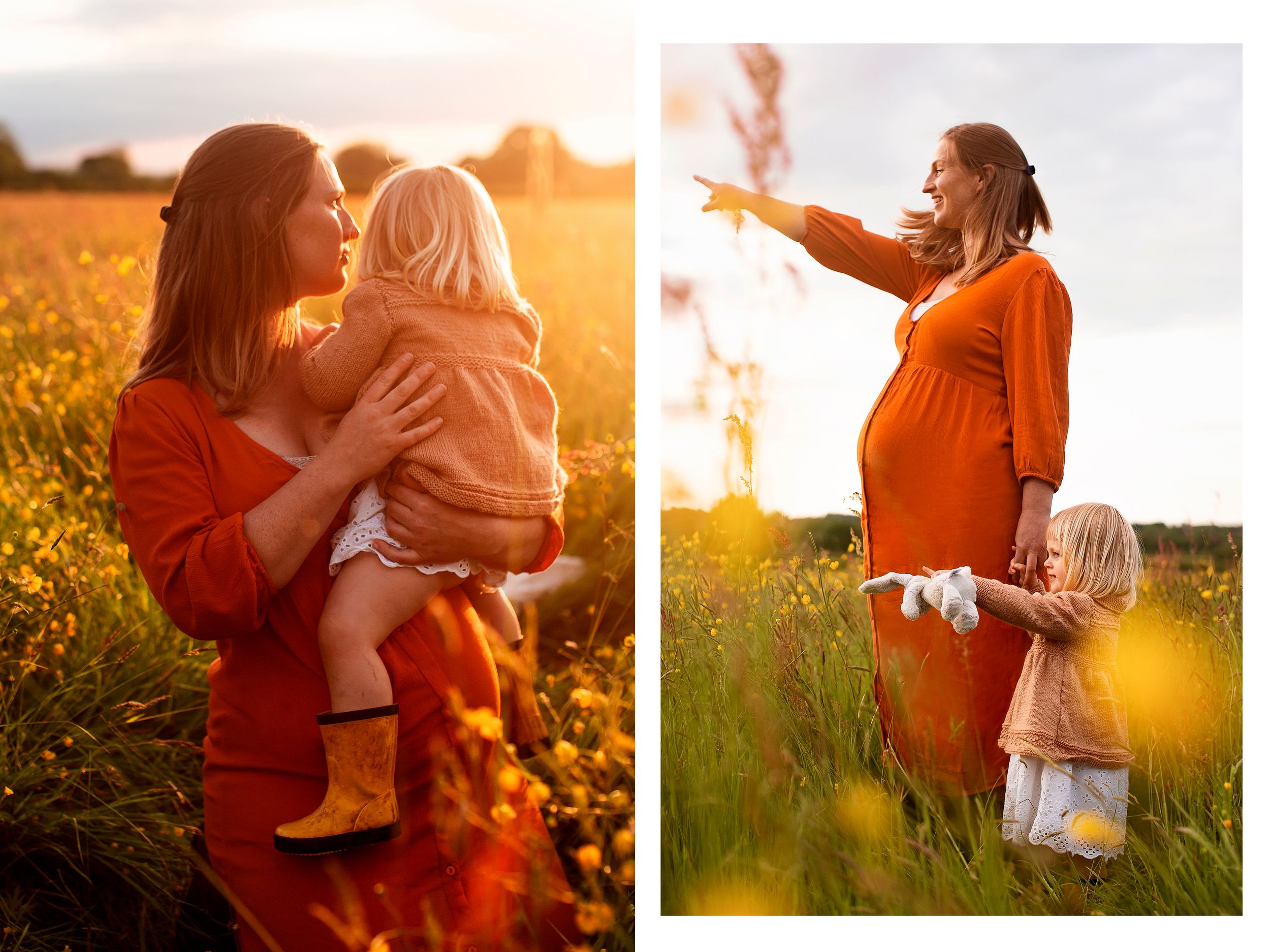 Collage of two images from wildflower photoshoot in Somerset. Pregnant mum plays with her toddler
