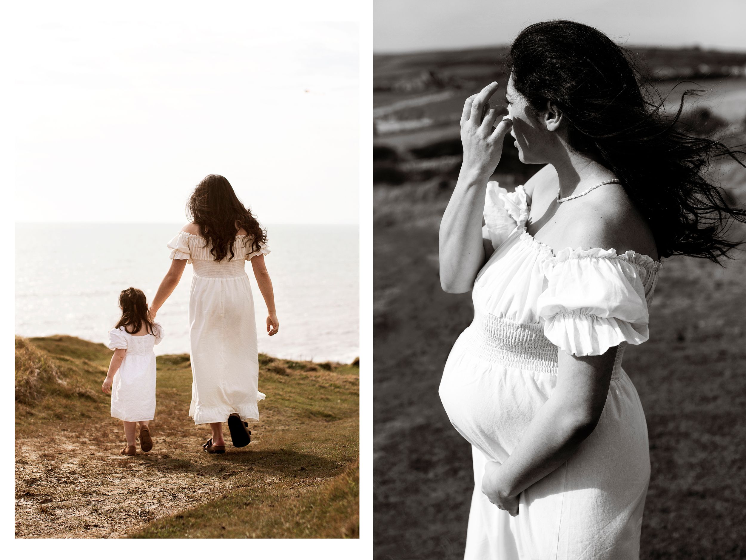 Collage of two images of a pregnant woman by the sea on the Jurassic Coast in long white dress