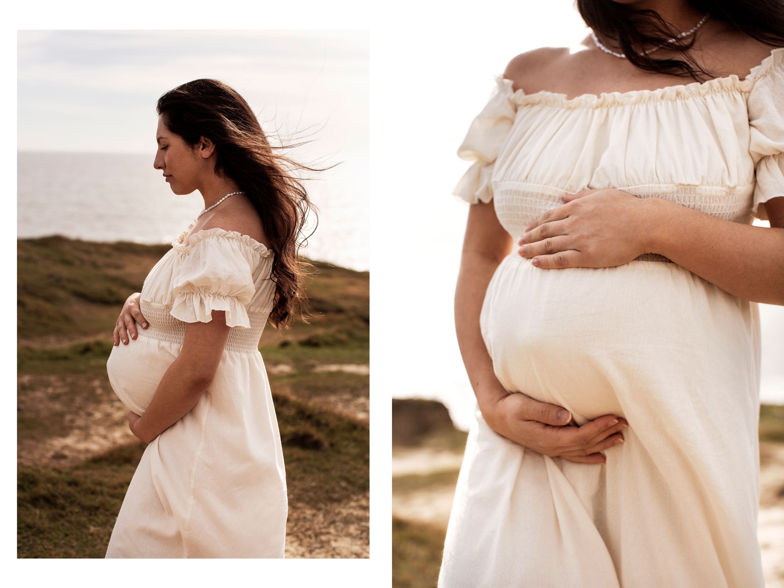 Closeup photography from a maternity session in Bridport, Dorset. Pregnant mum cradles her bump in two photos