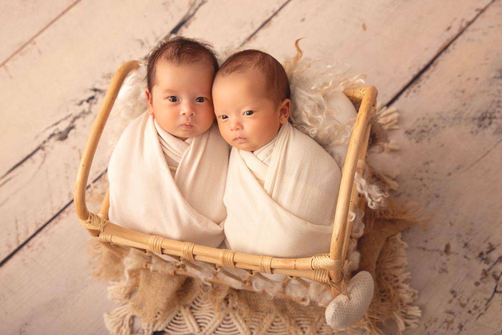 Twin newborns swaddled in white wraps lying together in wicker bassinet.