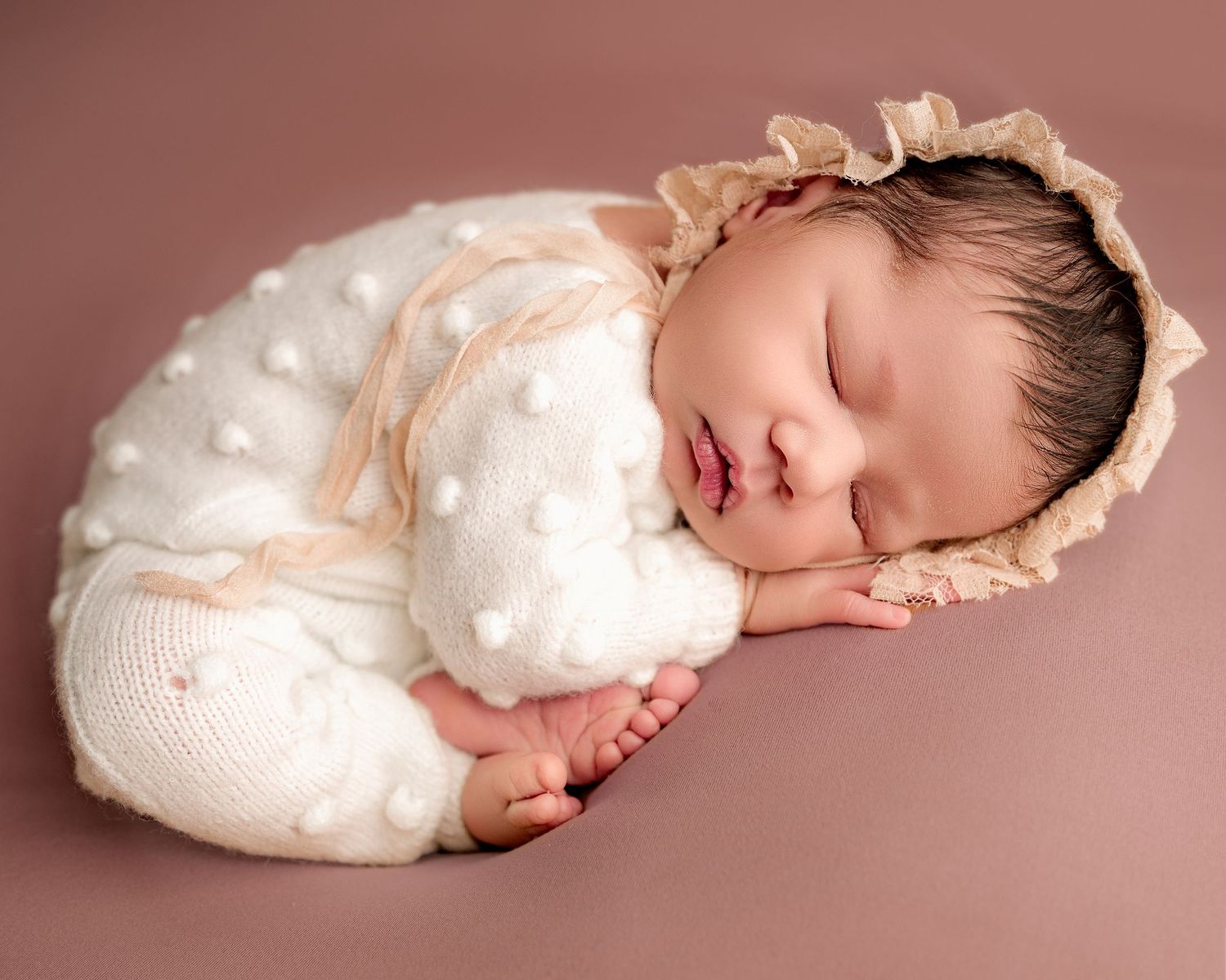 Sleeping newborn in white dotted outfit and bonnet curled up on pink background.