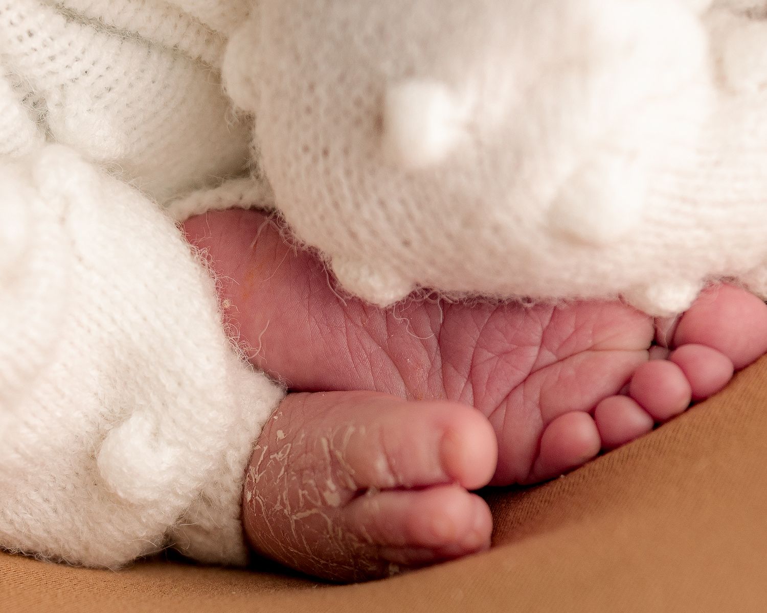 Close-up of tiny newborn baby feet wrapped in white knit blanket.