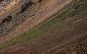 Rugged mountain slope with reddish-brown terrain and sparse vegetation.