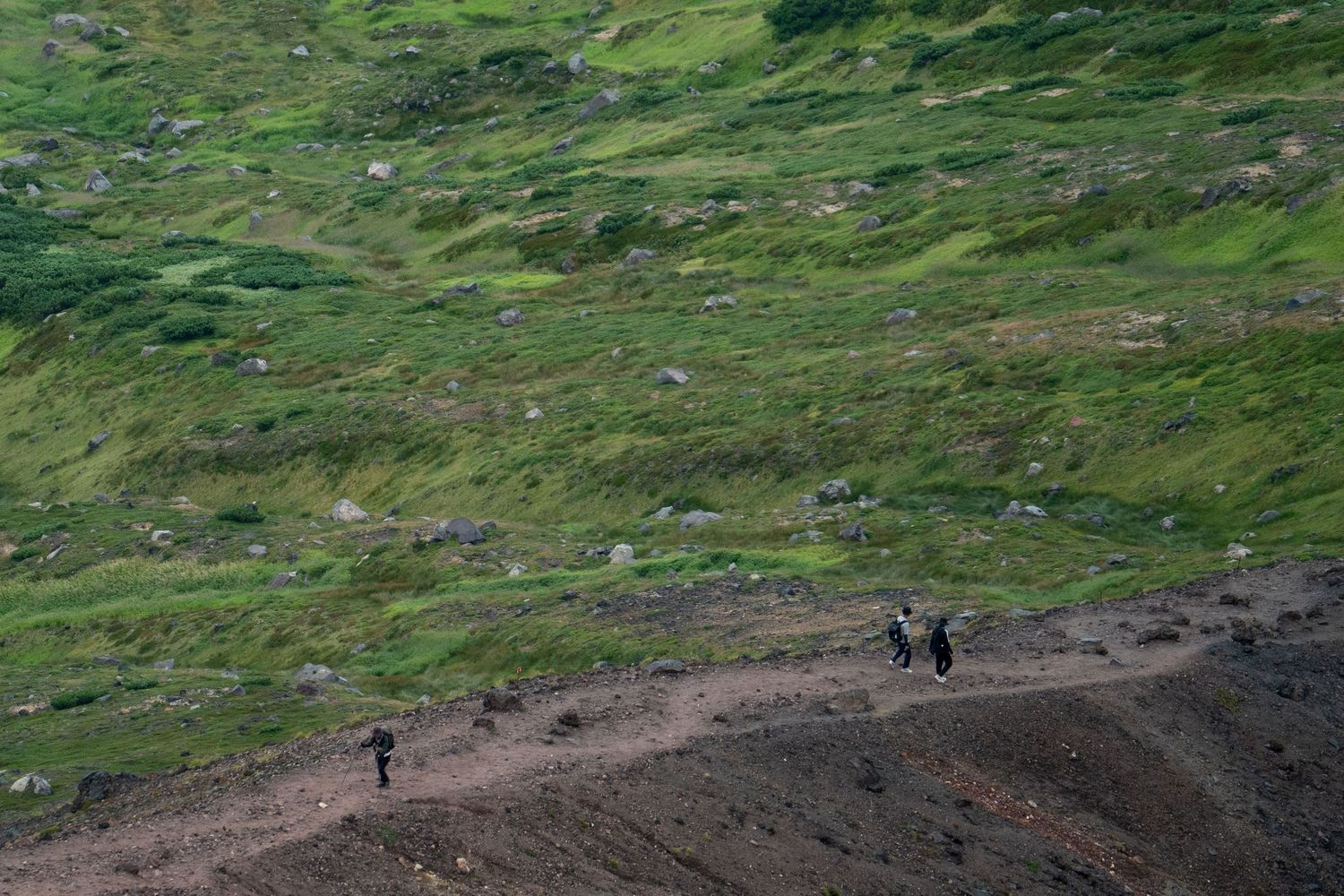 Hikers traverse a rugged mountain trail with green slopes and distant peaks in the background.