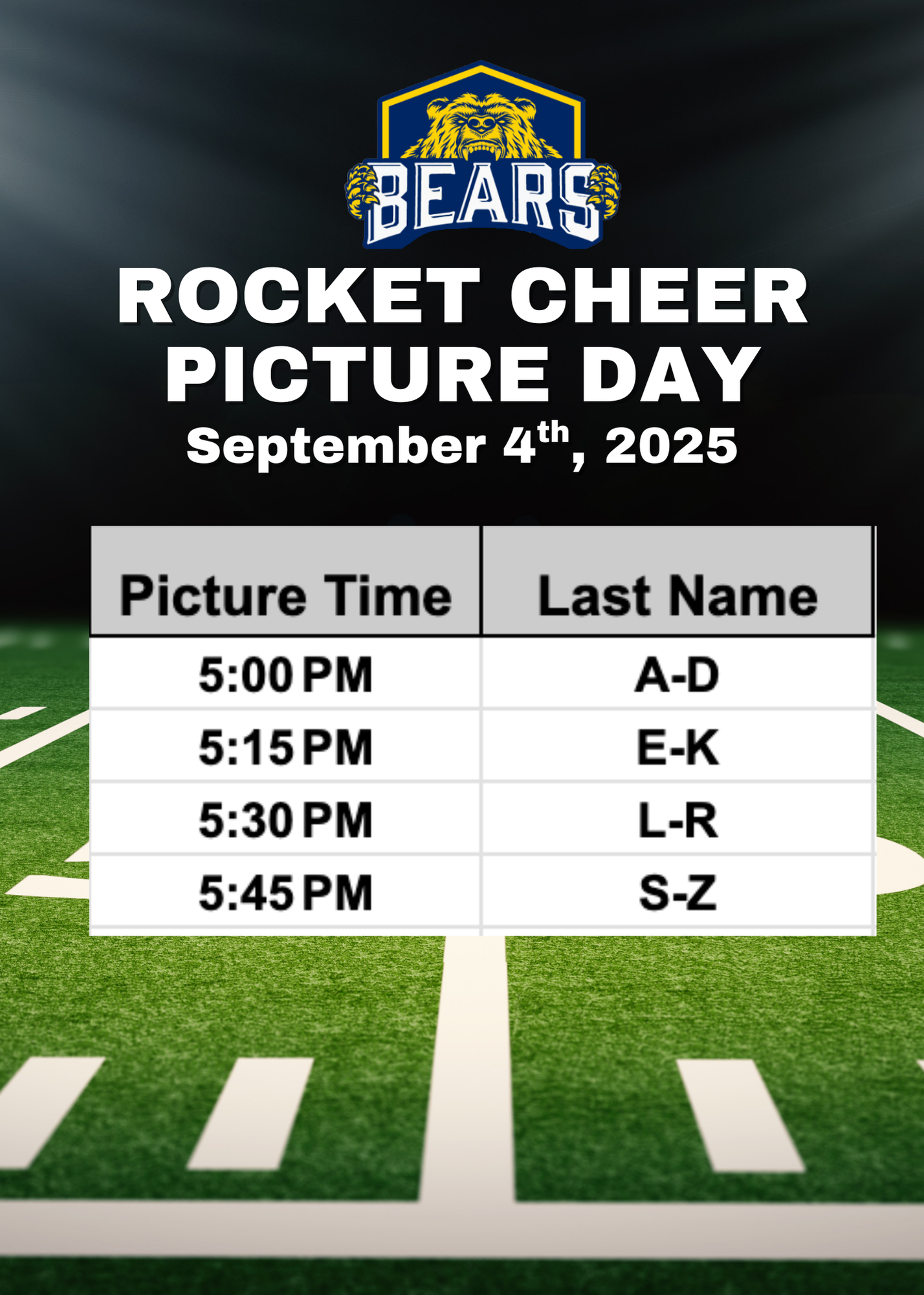 Bears sports team picture day schedule with alphabetical time slots on a football field background.