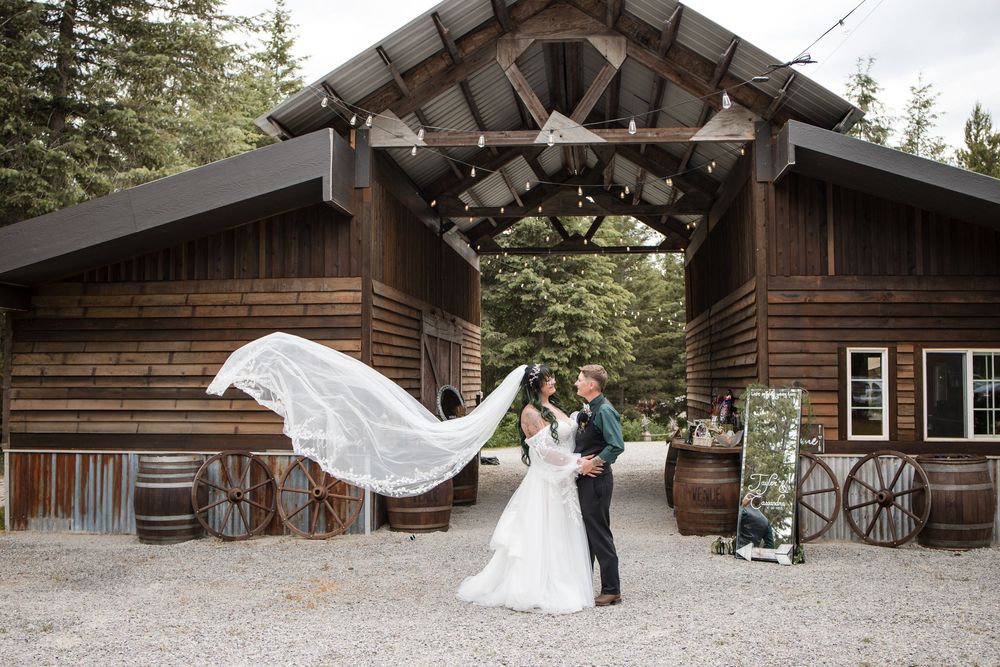 Rustic wooden barn wedding venue nestled among tall evergreen trees with couples posing for romantic photos.