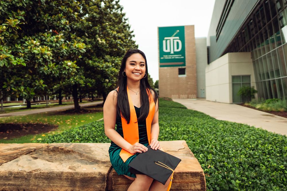 A series of outdoor photos showing someone in an orange safety vest sitting and standing near university buildings.