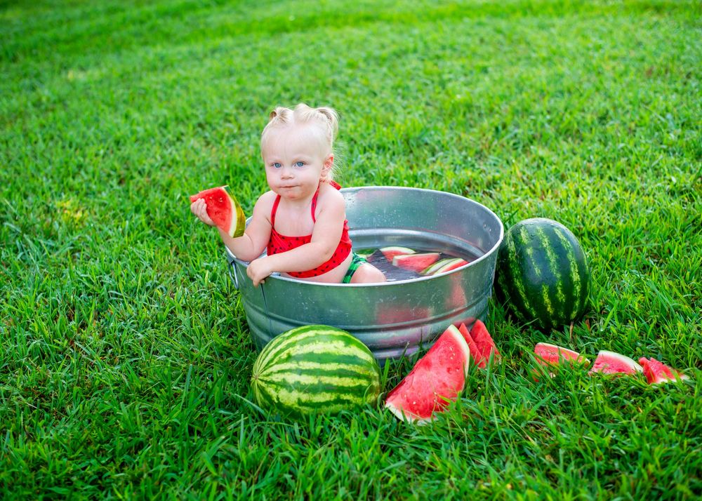 A series of watermelon slices arranged on a metal tray sitting on green grass during a summer picnic.