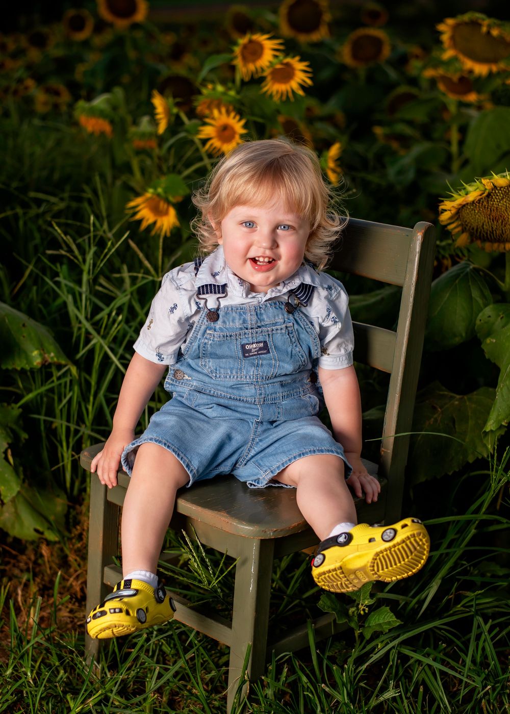 A child sits on a wooden chair in denim overalls and yellow novelty shoes amidst a sunflower garden.