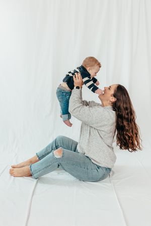 A series of three playful lifestyle photos showing joyful moments between parent and child on white background.