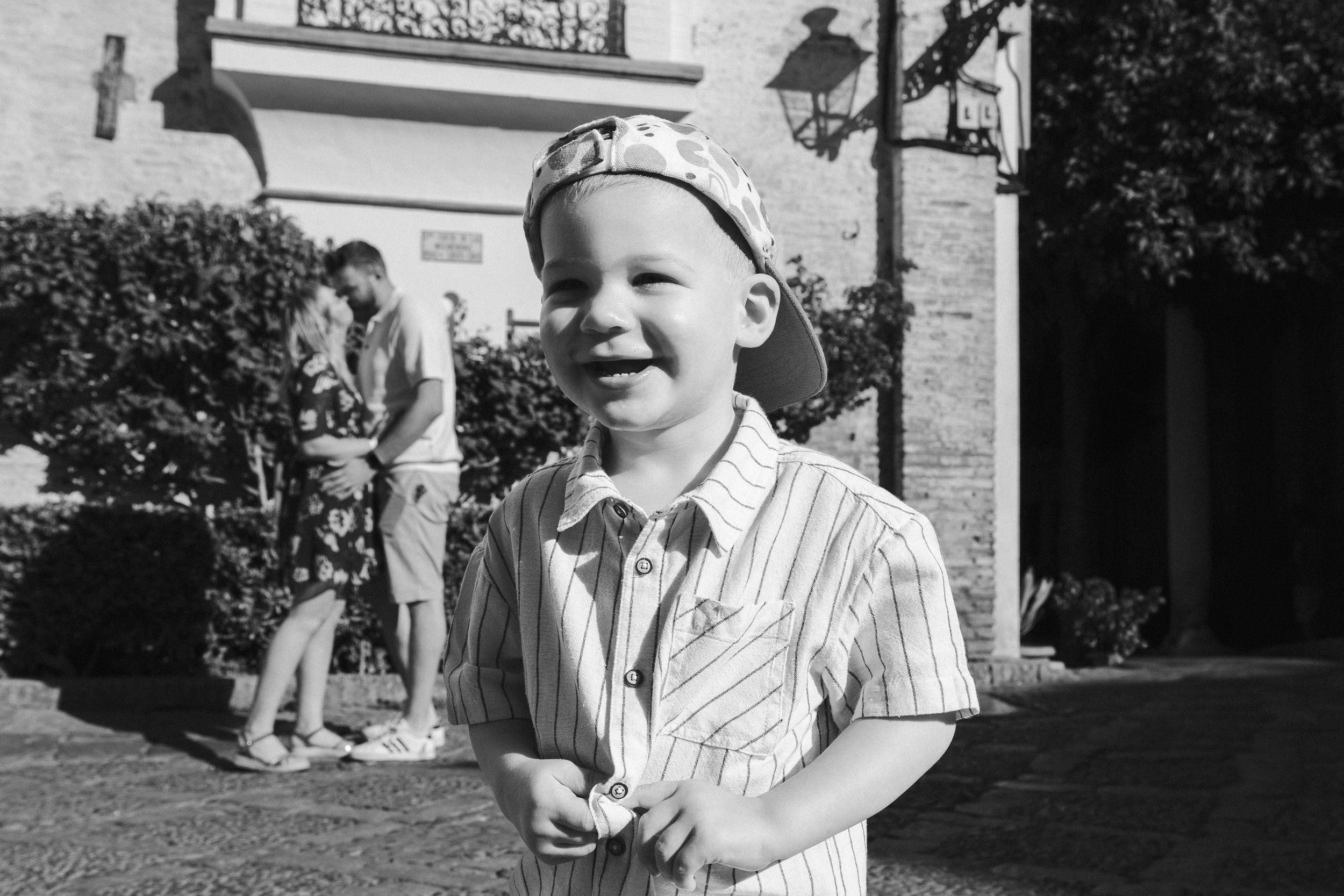 A series of vintage black and white photographs showing outdoor family moments from the 1950s era.